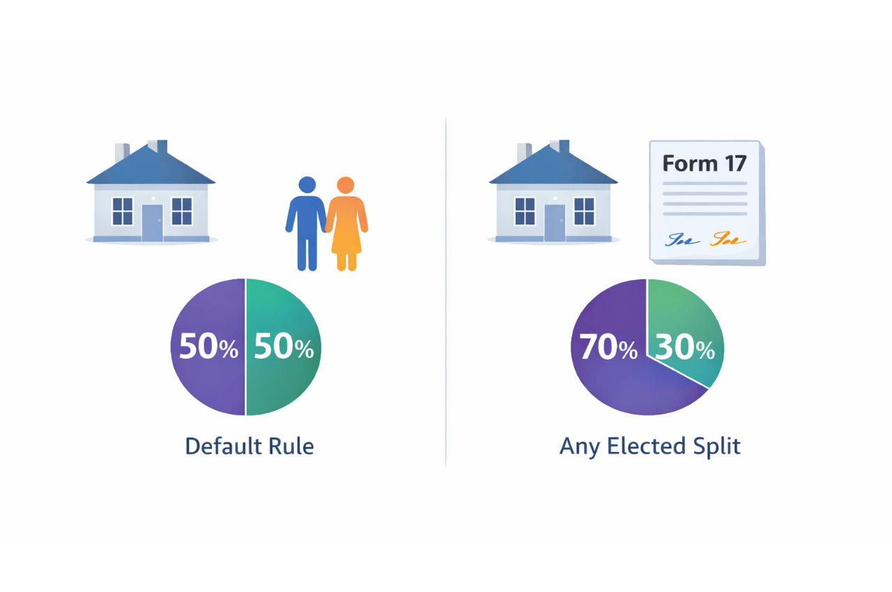 Spouses’ joint property default 50/50 split vs elected ownership split after Form 17